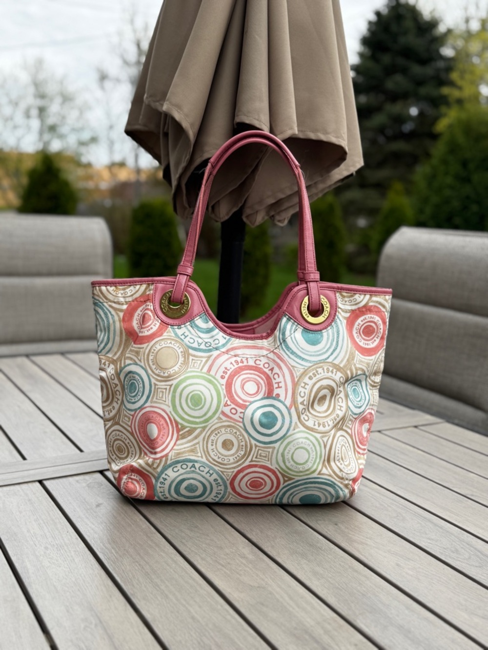Coach Multicolor Circle Print Tote with Pink Trim and Handles - Picture 2 of 6